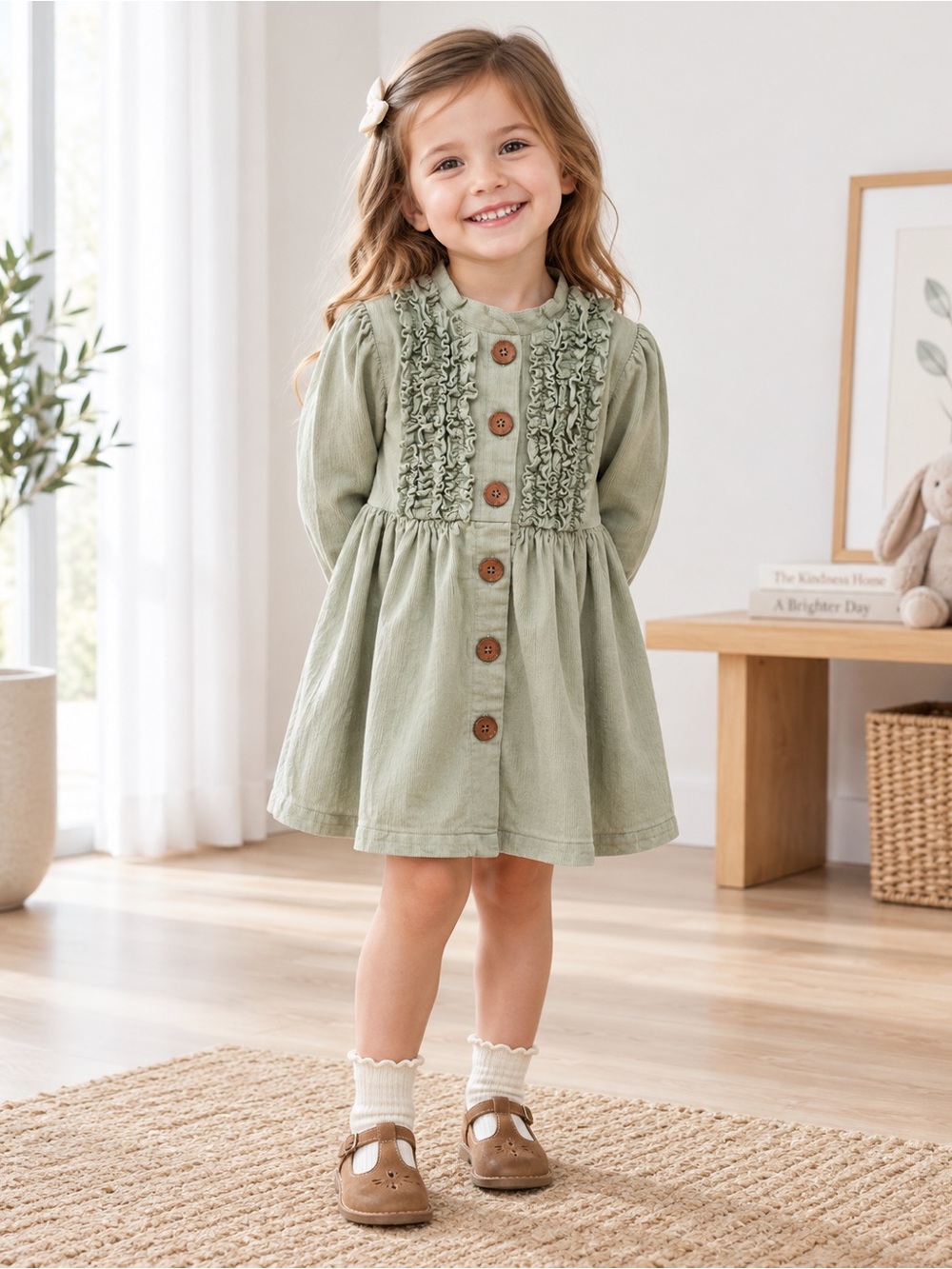 Girls Ruffle-Front Long Sleeve Dress in Sage Green